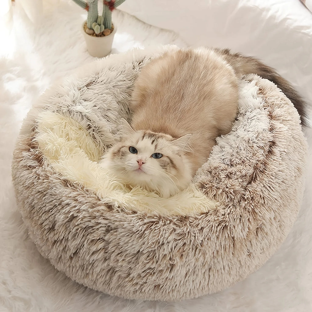 Comfortable Long Plush Cat Bed Round Pet House Cushion Winter Cat House Warm Kitty Basket Nest for Small Medium Cat 60cm