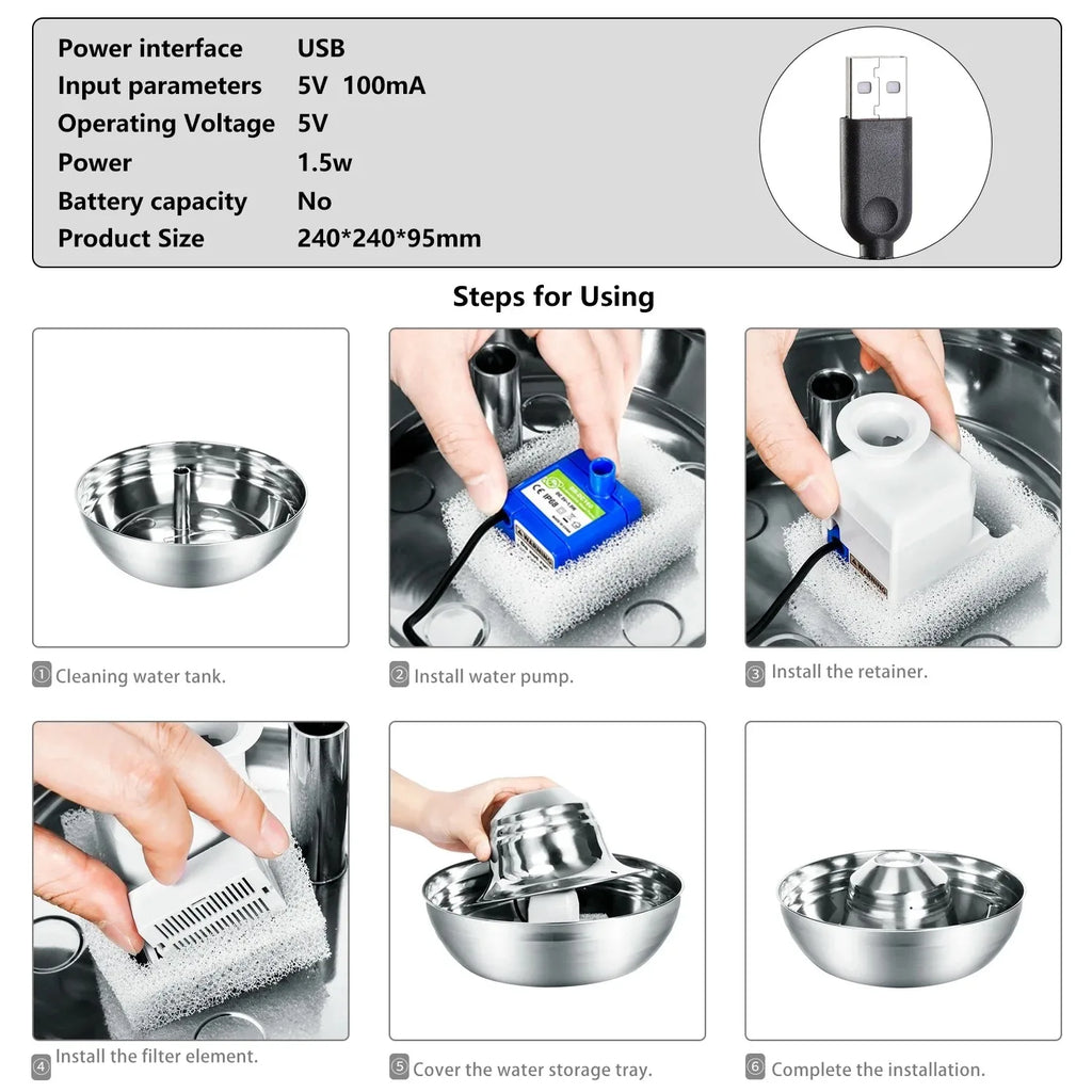 2L/67oz Automatic Dog Water Fountain Stainless Steel Pet Fountain Dog Water Dispenser with Quiet Pump Cat Fountain Dog Products