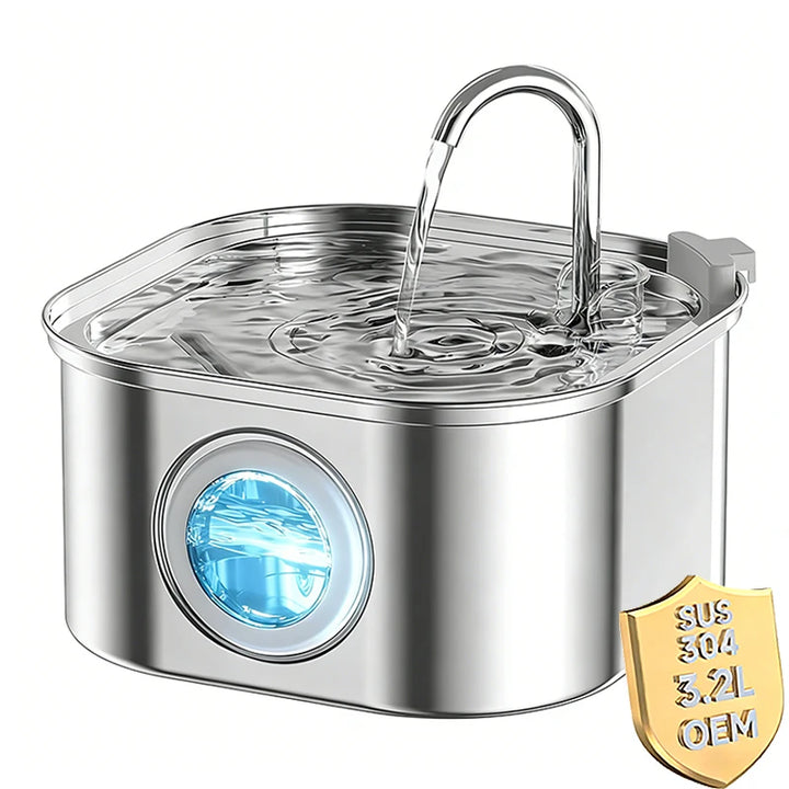 3.2L Cat Water Fountain Pet Water Fountain Stainless Steel Dog Water Dispenser Automatic Cat Fountain with Level Window for Cats