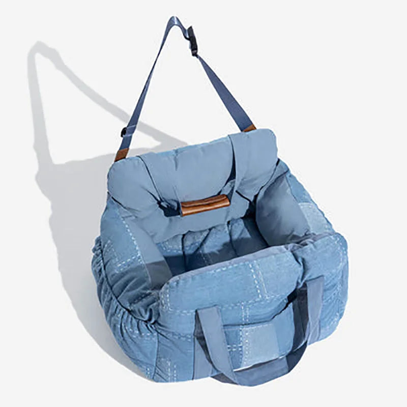Travel Safety Bolster Vintage Denim Patchwork Dog Car Seat Bed with Safety Buckle Customized LOGO Luxury Dog Beds Pet Car Seat