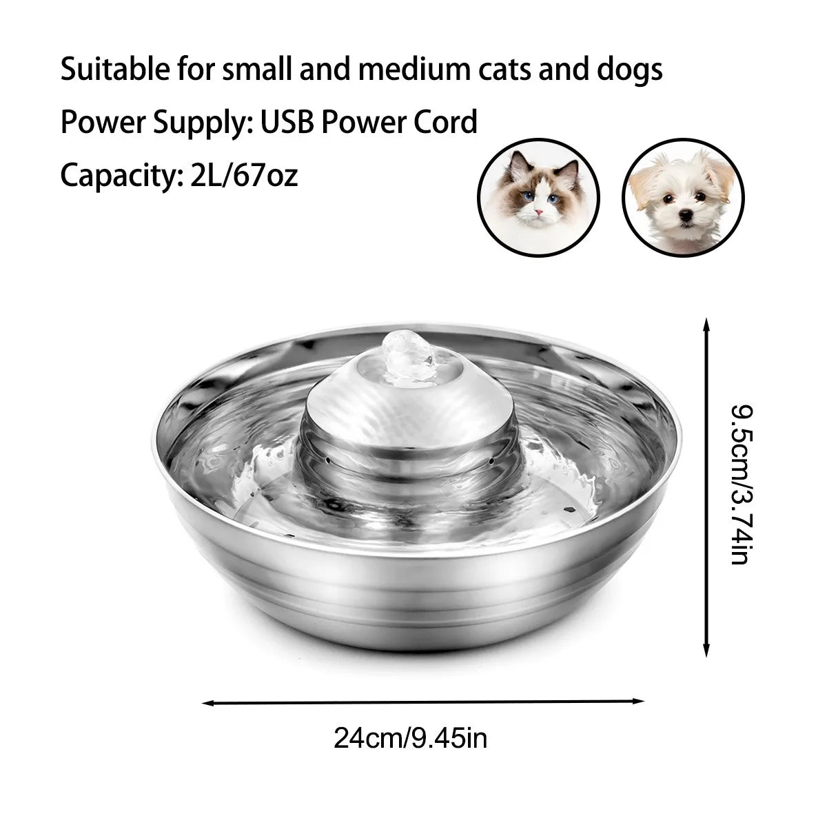 2L/67oz Automatic Dog Water Fountain Stainless Steel Pet Fountain Dog Water Dispenser with Quiet Pump Cat Fountain Dog Products