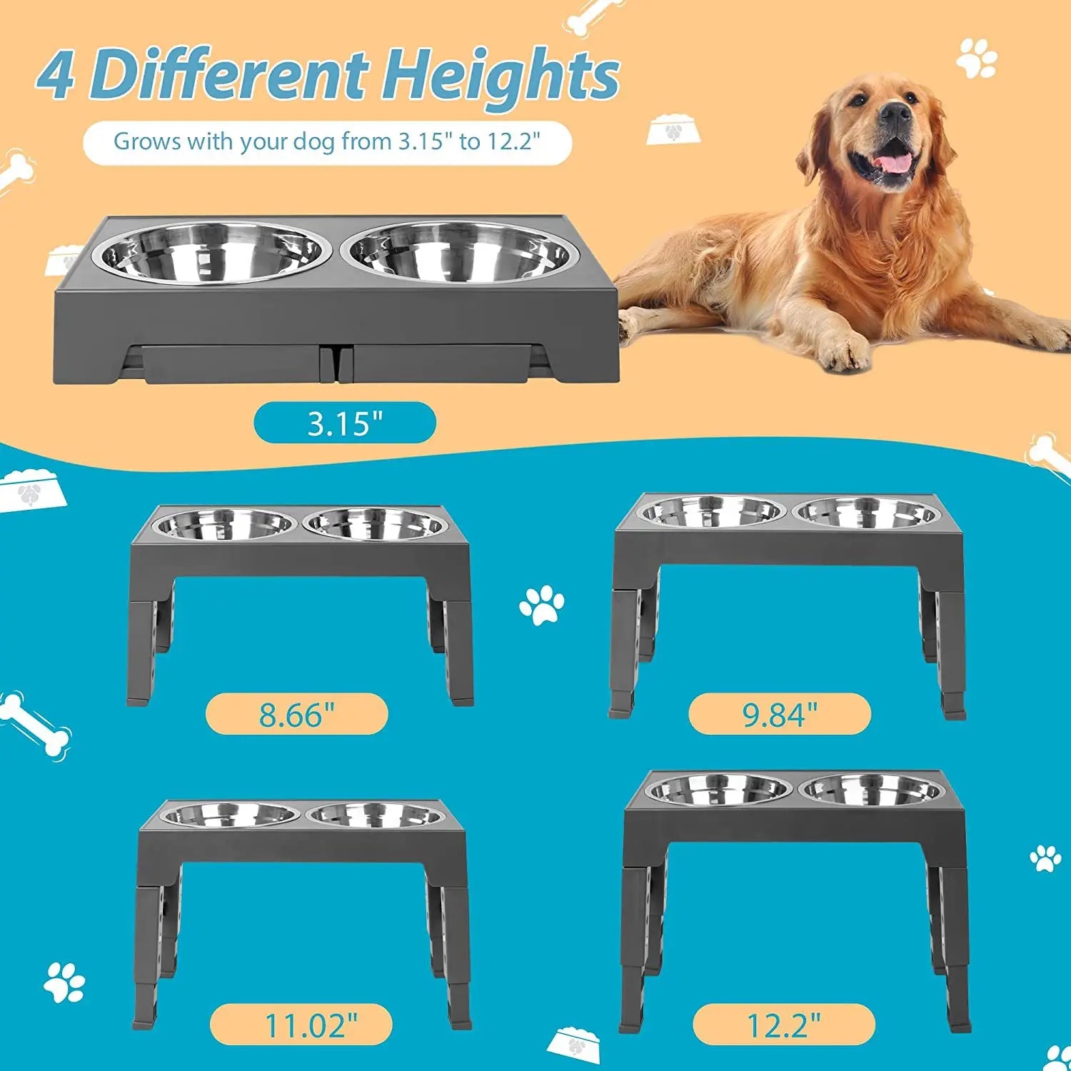 Elevated Dog Bowls with Slow Feeder Dog Bowl Stainless Steel Bowls Adjustable Pet Feeder Stand for Large Medium Dog Products