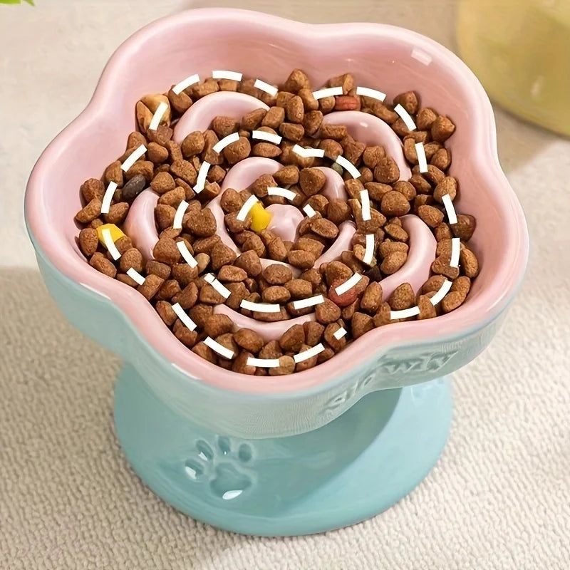 Colorful High-Footed Slow Feeder Ceramic Cat Bowls Anti-Spill Neck Protecting Pet Bowl for Small Dogs and Cats