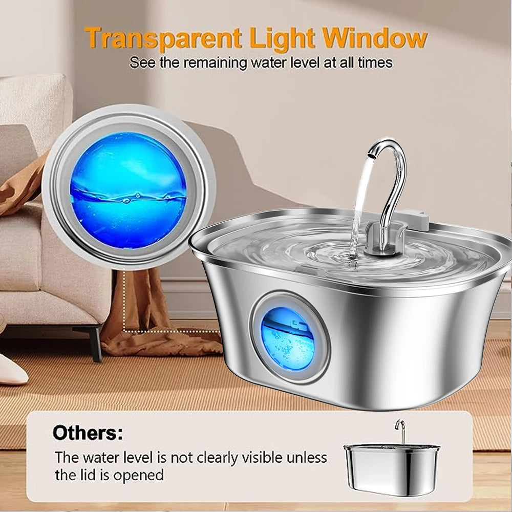 3.2L Automatic Cat Water Fountain LCD Display Stainless Steel Boat Shape Water Level Window Smart Pet Water Dispenser