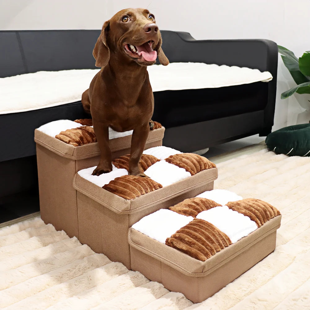 Luxury Chessboard Handcrafted 3 Steps Dog Stairs With Storage Napsteps Foldable Dog Bed Space Convenient Safe Pet Stairs for Dog