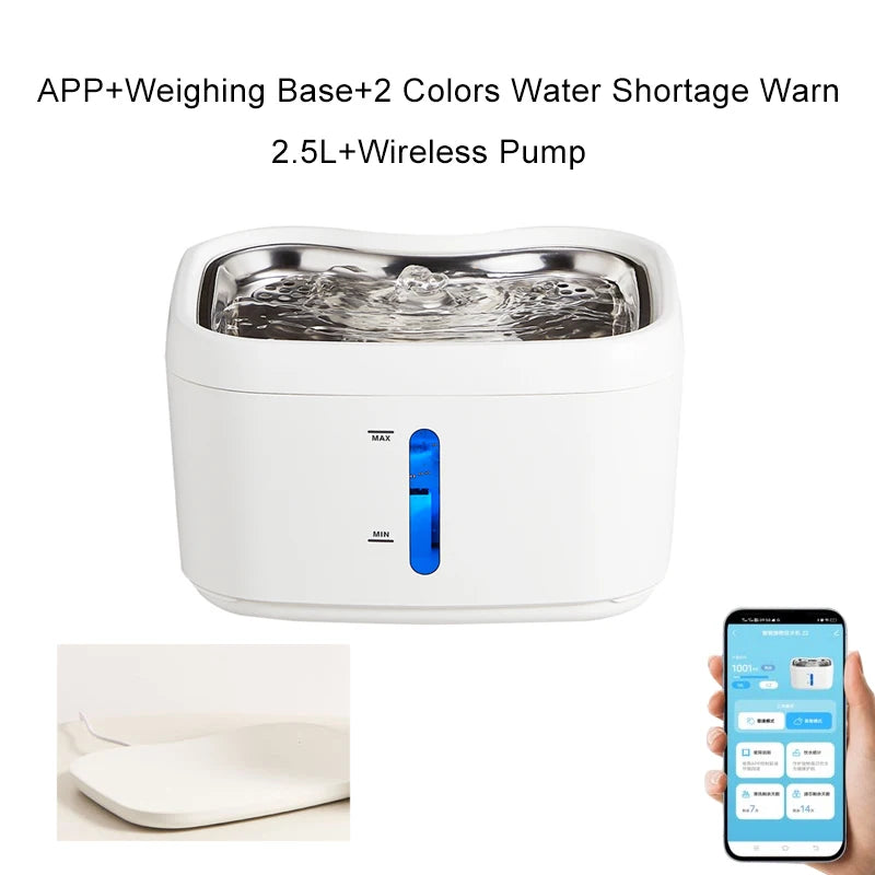 Factory Wireless Cat Water Fountain 2.5L/84oz Weighting Water Level Window LED Light Automatic Pet Water Dispenser OEM ODM