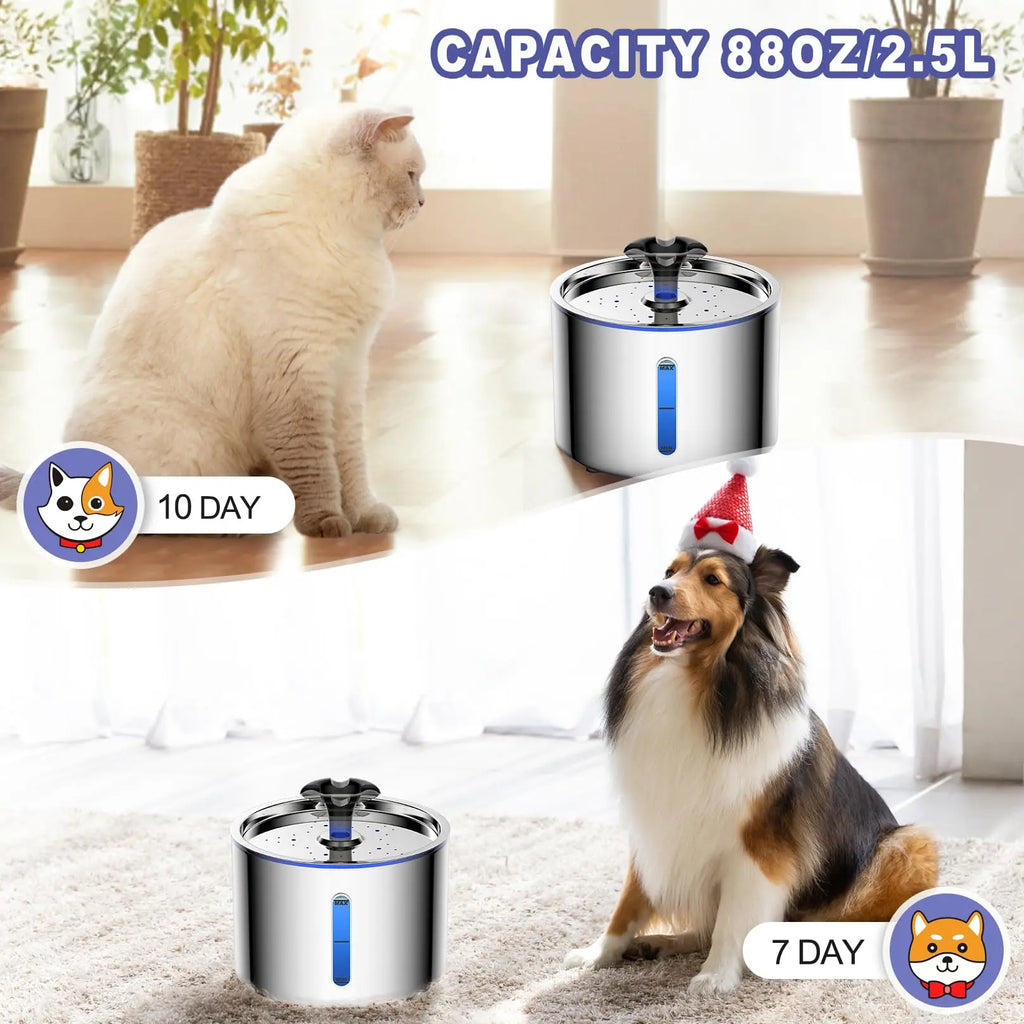 Auto Power-off Stainless Steel Automatic Cat Water Fountain 84oz/2.5L with LED Light Non-slip Mat Pet Water Dispenser