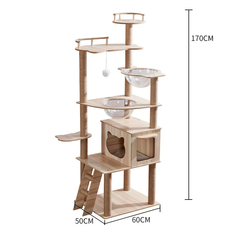 Eco-Friendly Cat Scratcher Tower with Sisal Posts and Wood Frame Cat Toys Tree Hammock Climbing Frame Carton Packed