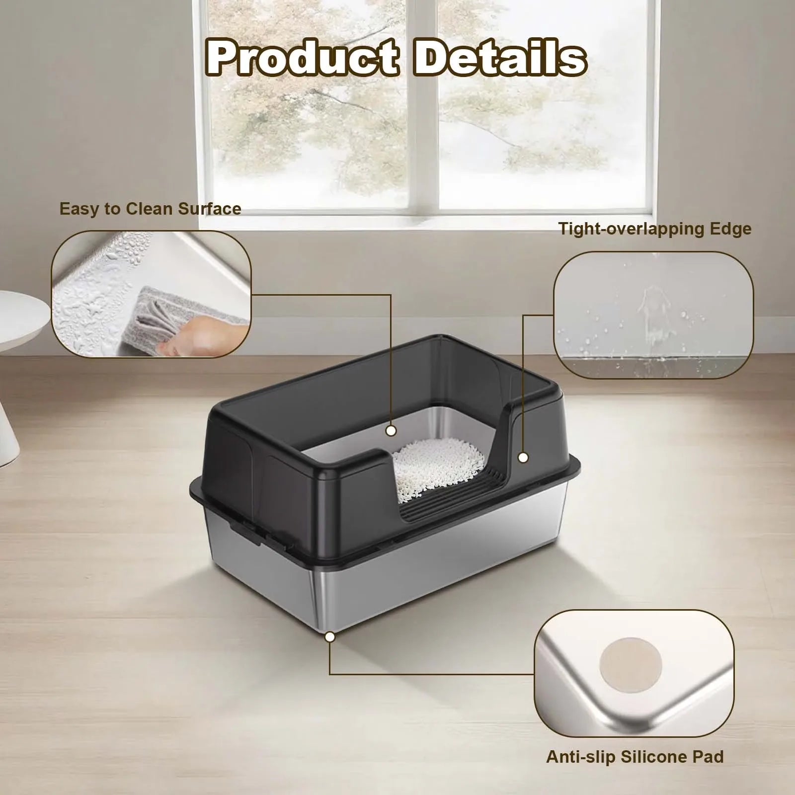 Custom Semi-Enclosed Stainless Steel Cat Litter Box Large Cat Toilet for Large Cats Easy Clean Metal Litter Pan Anti-Leakage