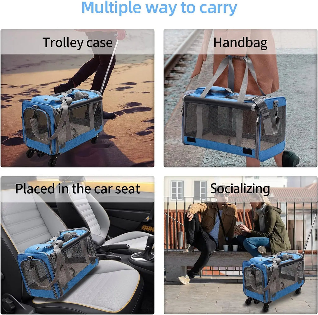 Portable Foldable Pet Carrier with Detachable Wheels Breathable Travel Rolling Dog Carrier for Small Medium Dogs Cats 33 Pounds