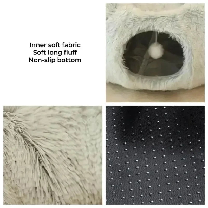 Plush Cat Bed with Tunnel for Indoor Multifunctional Cat Tunnel Bed with Fluffy Plush Donut Cat Tunnel