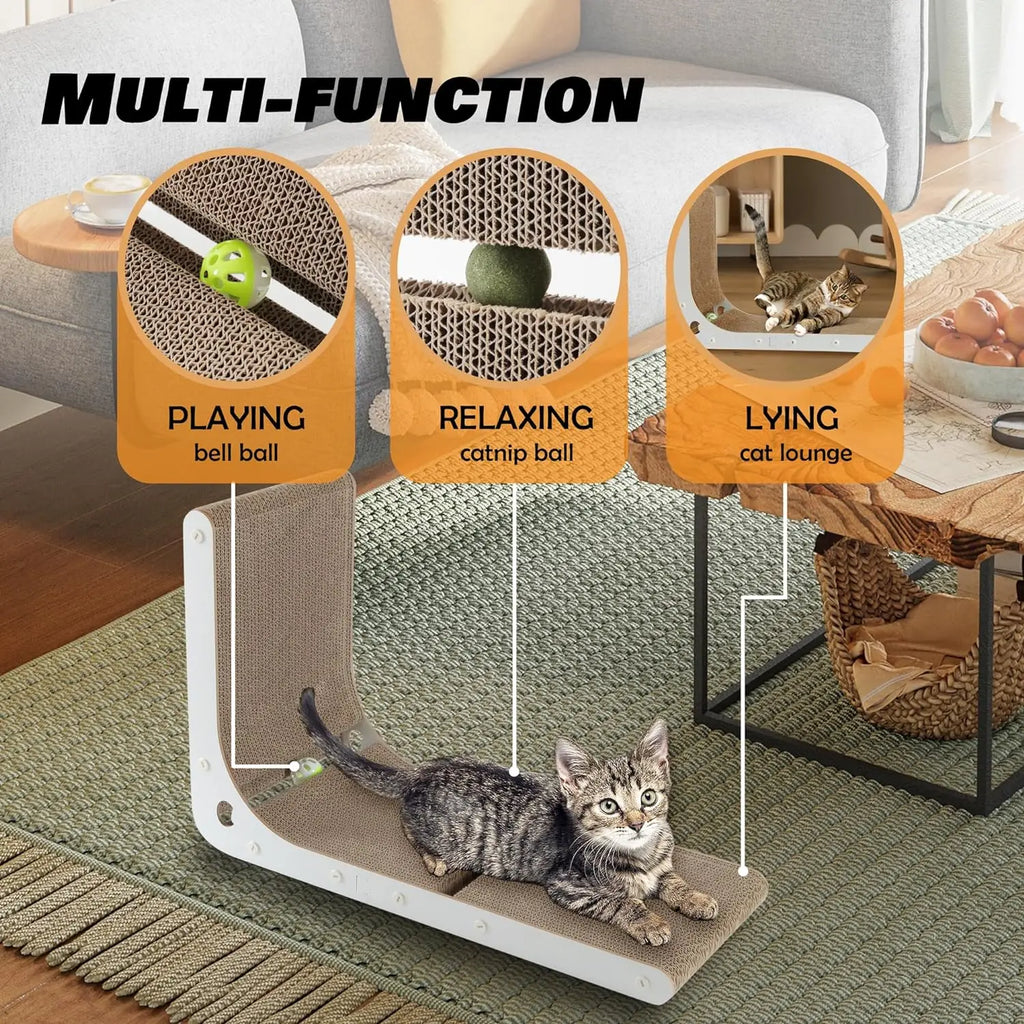 Cardboard Cat Scratcher Vertical Cat Scratching Board L-Shape Indoor Cat Scratch Pads with Built-in Catnip Toy Balls Wall-Mount