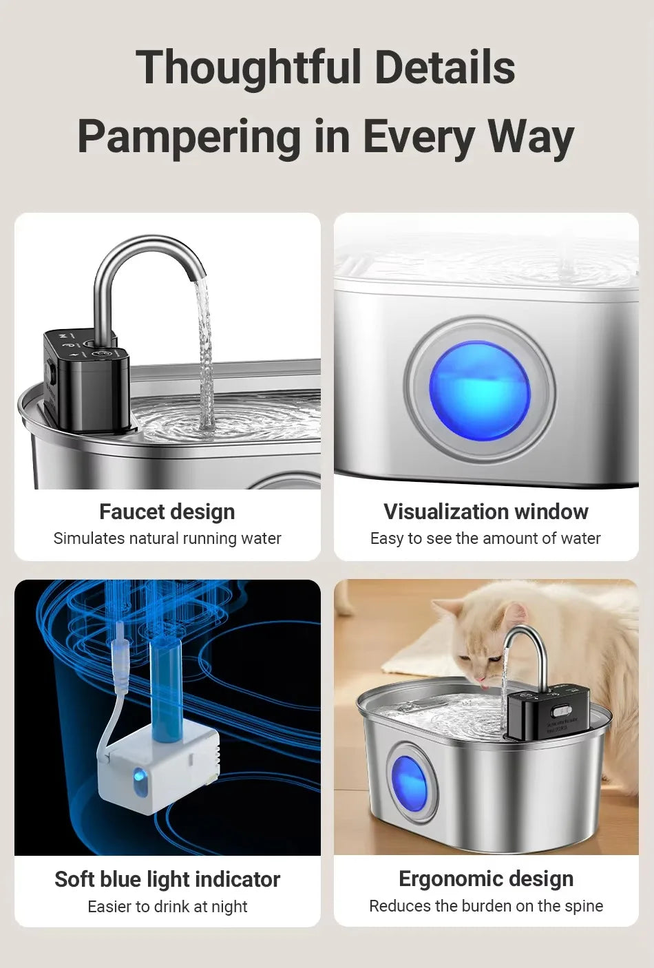 Wholesale 3.2L Stainless Steel Cat Water Fountain Wireless Sensor Smart Automatic Pet Water Dispenser OEM Cat Fountain 4000mAh