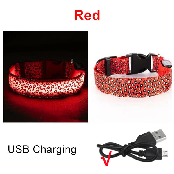 Adjustable Nylon LED Dog Collar Luminous Leopard Print Glowing Lights Electronic Pet Collars Night Safety Flashlight LED Collars