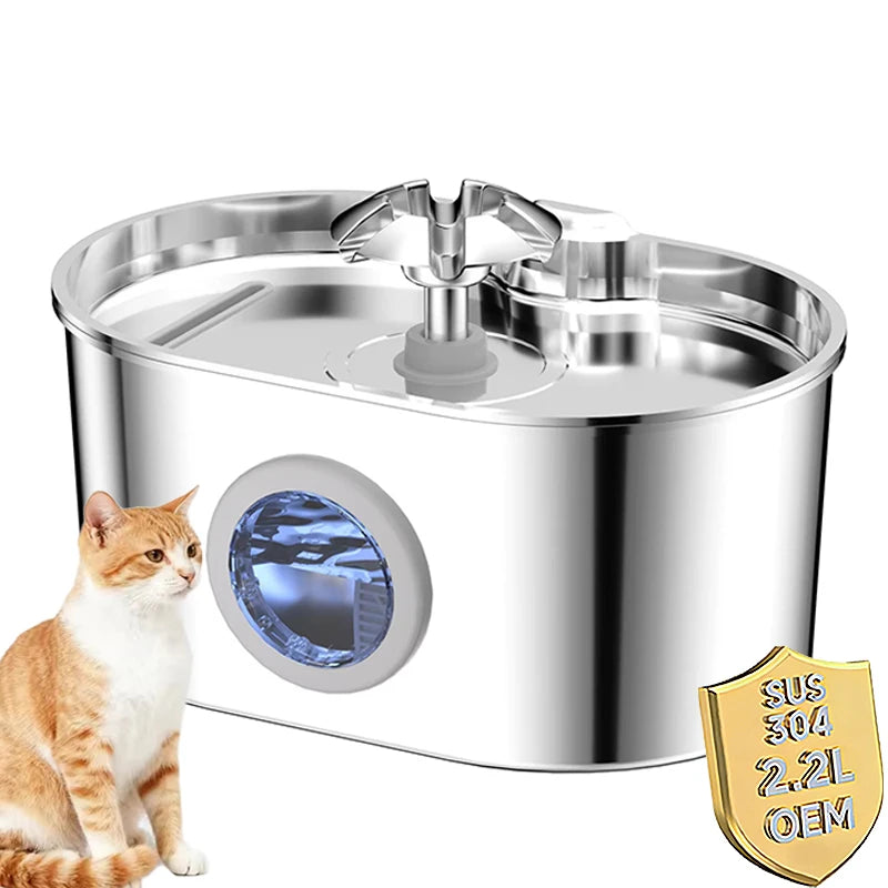2026 New Custom 2.2L Stainless Steel Automatic Cat Water Fountain with Water Level Window Pet Water Dispenser Cat Products