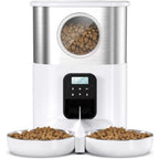 5L Dual Bowls Stainless Steel Automatic Cat Feeders Timed Pet Dry Food Dispenser with Voice Record Button Control for Two Cats