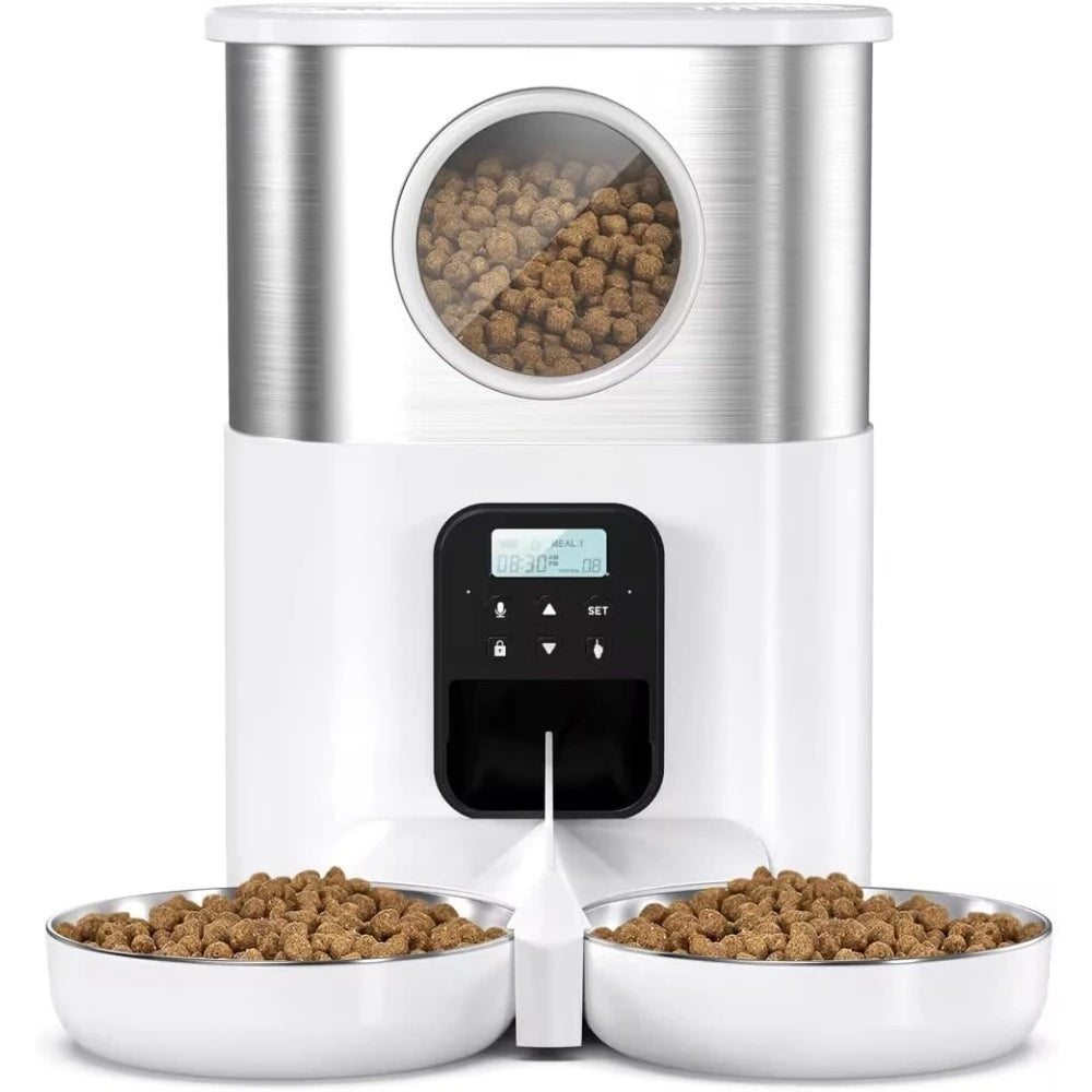 5L Dual Bowls Stainless Steel Automatic Cat Feeders Timed Pet Dry Food Dispenser with Voice Record Button Control for Two Cats