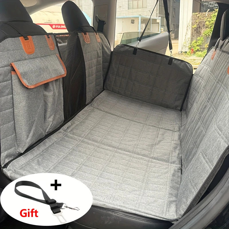 Custom Durable Fabric Dog Car Seat Cover with Extended Support Board Quilted Gray Design Straps & Metal Rings for Secure