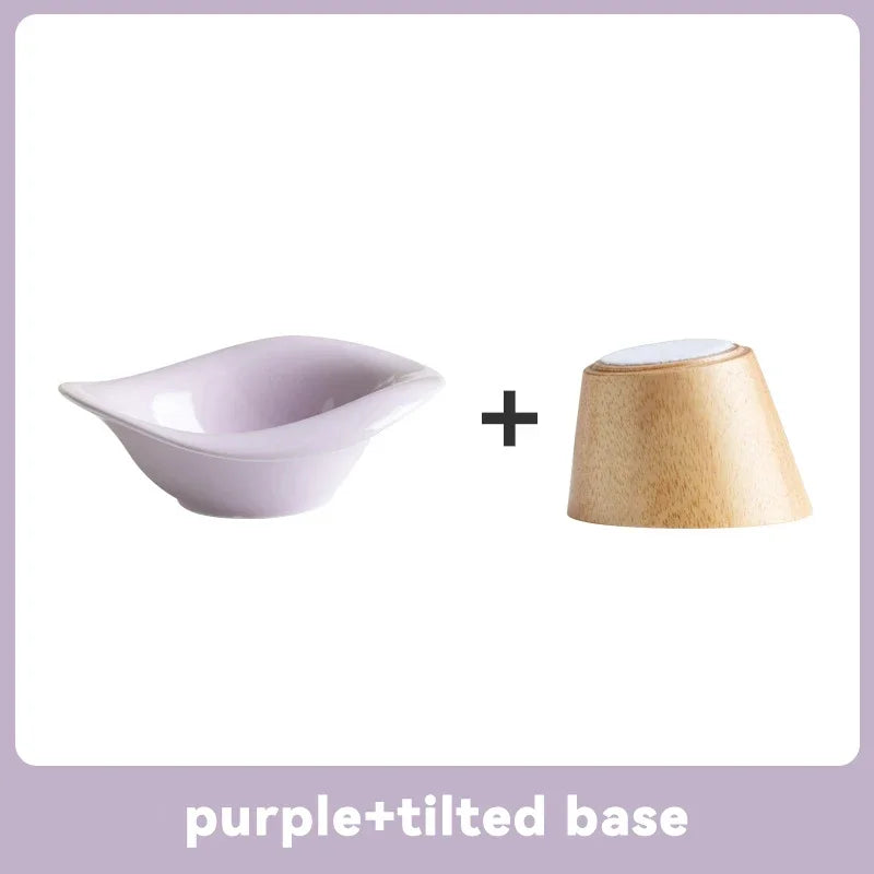 Raised Tilted Cat Food Water Bowl Pet Dog Elevated Drinking Eating Bowls with Wooden Stand Puppy Kitten Feeding Ceramic Cat Bowl