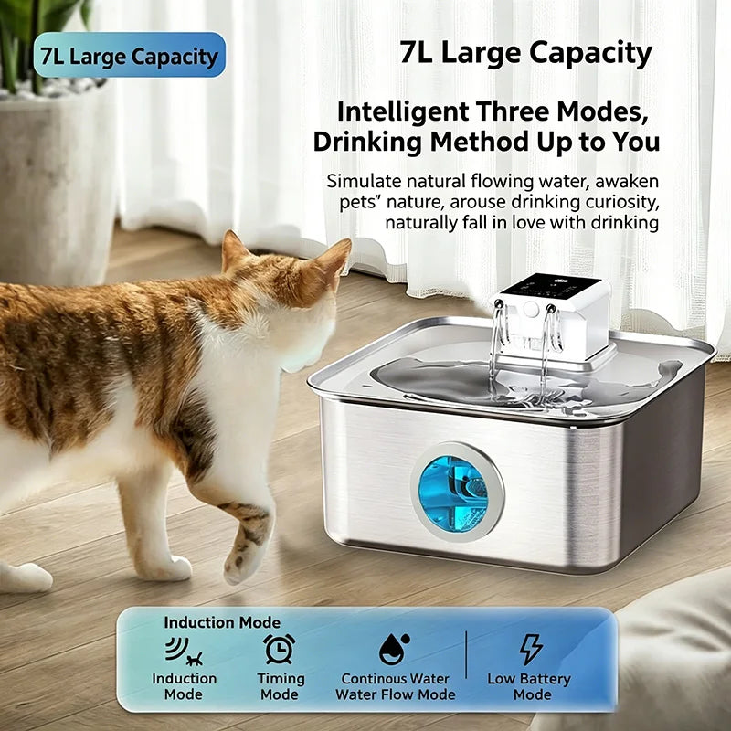 2026 New 7L/236oz Wireless Cat Water Fountain Sensor Stainless Steel Ultra Quiet Dog Water Fountain with Non-slip Mat OEM ODM