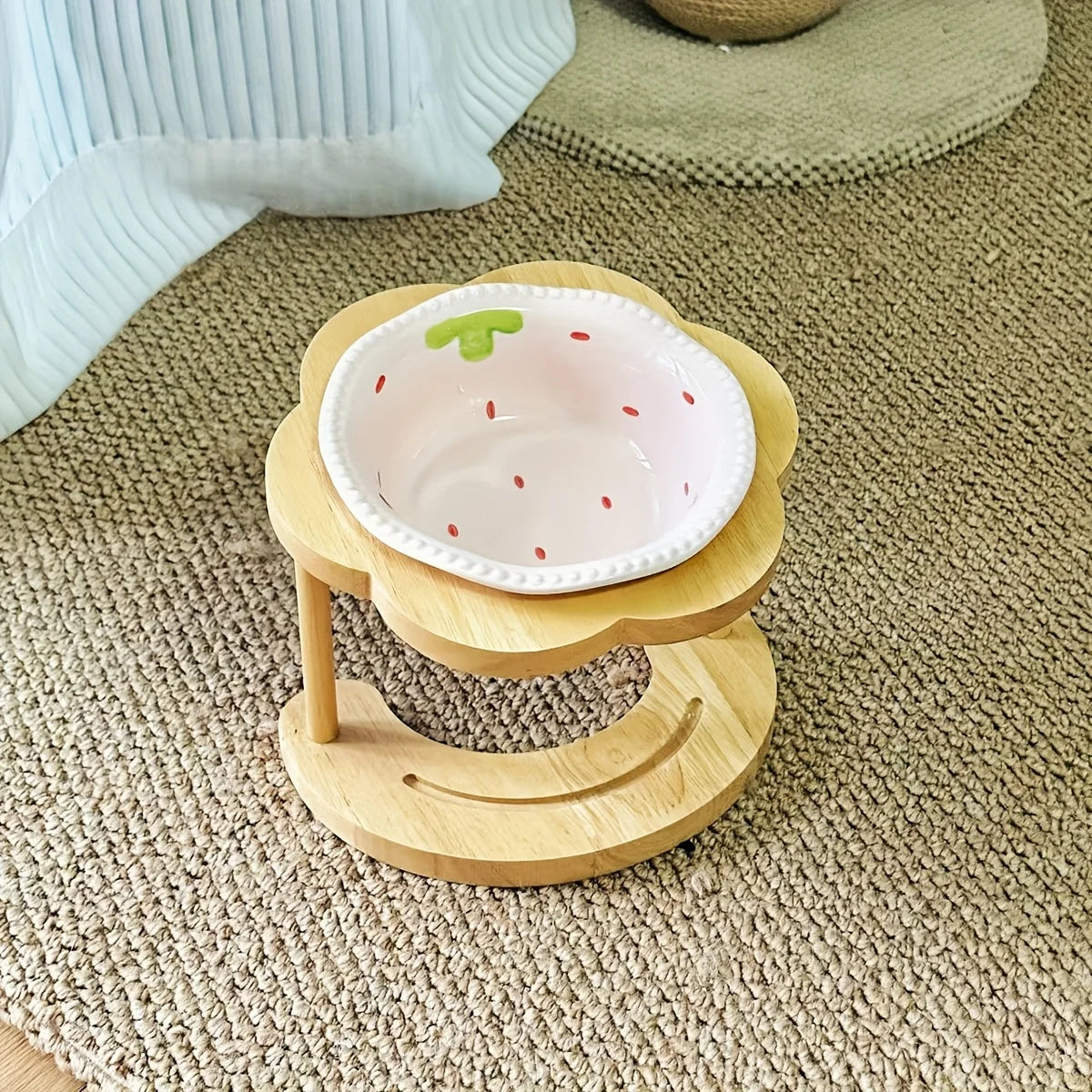 Ceramic Cat Bowl with Wooden Floral Stand Elevated Anti-Slip Pet Feeding Dish Thickened Cute Pet Bowl Set for Cat & Dog