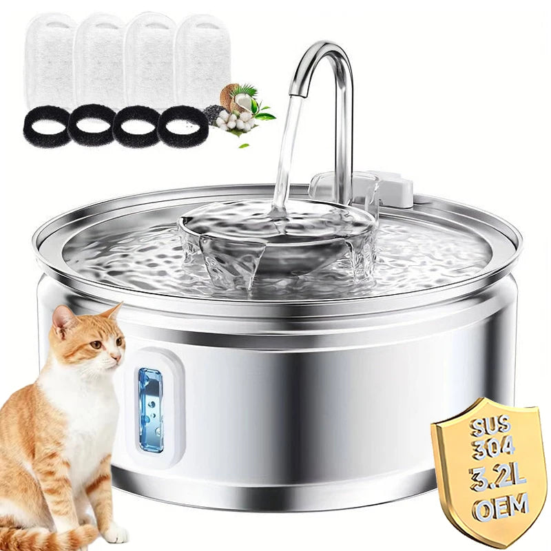 4pcs Filters Automatic Cat Fountain 3.2L/108oz Stainless Steel Pet Water Fountain for Cats Drinking Bowl Cat Water Dispenser