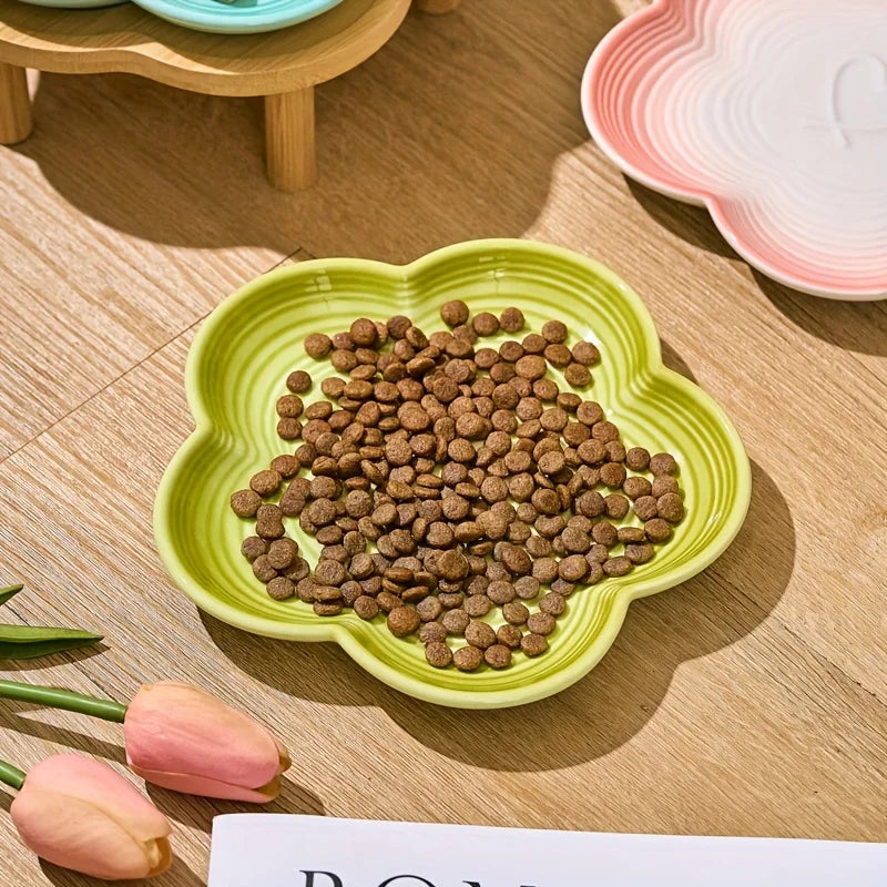 Gradient Color Ceramic Cat Bowl with Plum Blossom Design and Wooden Stand Anti-Slip Cat & Dog Feeding Dish for Neck Protection