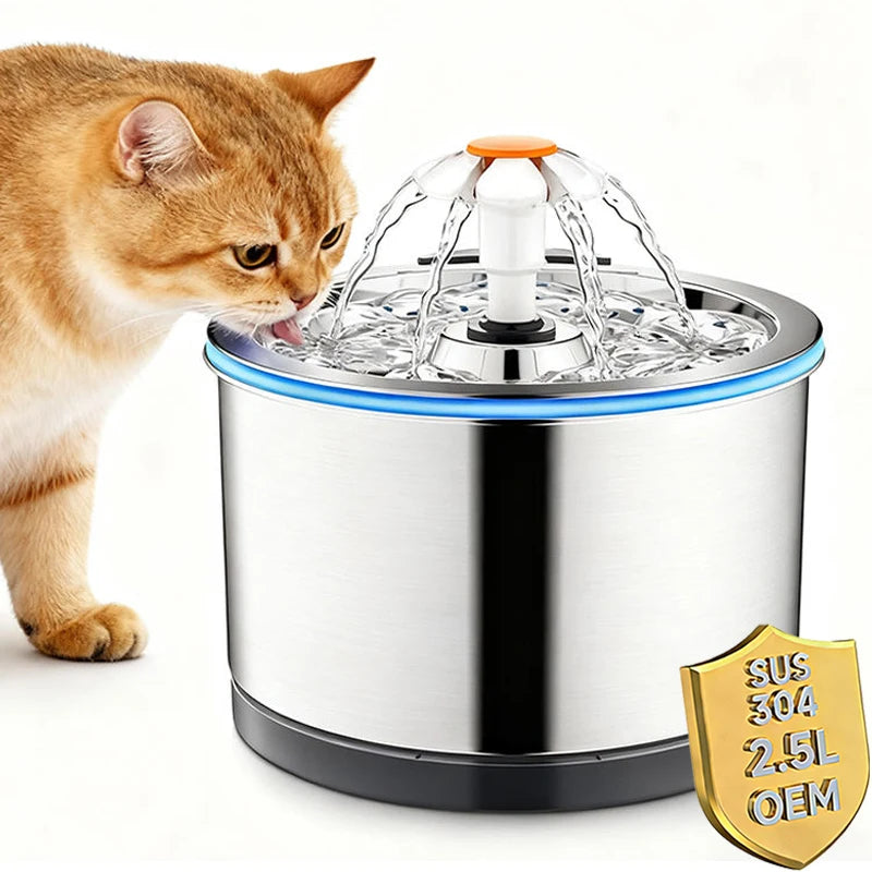 2.5L Ultra Quiet Stainless Steel Pet Cat Water Fountain LED Light Eco-friendly Automatic Recirculation Filtration System Stylish