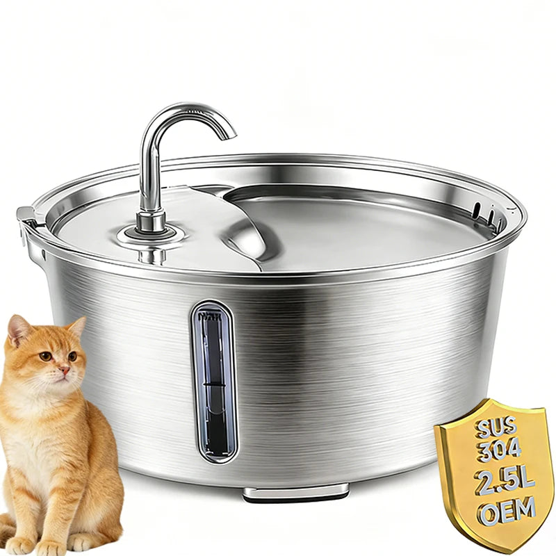 2.5L/84oz Cat Water Fountain Stainless Steel Automatic Intelligent Pet Water Dispenser for Cats Food Grade Cat Fountain