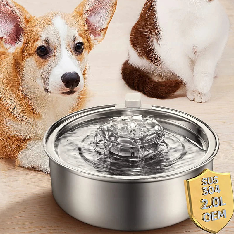 2L 304 Stainless Steel Ultra-Quiet Automatic Cat Water Fountain Smart Pet Water Dispenser for Dog Water Fountain