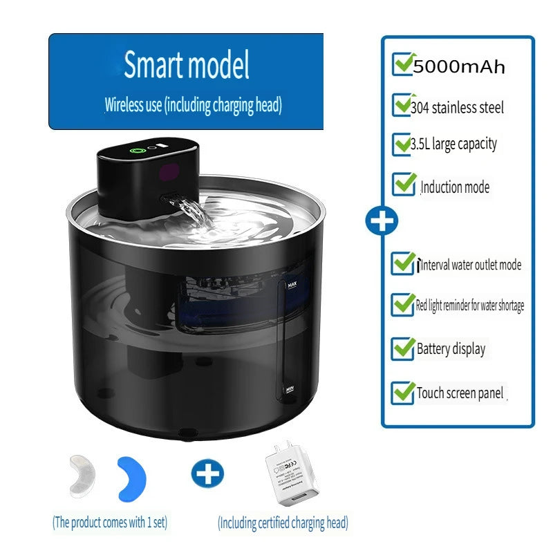 3.5L Rechargeable 5000mAh OEM Automatic Cat Water Fountain Sensor Screen Touch Control Stainless Steel Easy Clean Cat Fountain