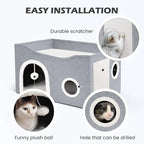 Cat House for Indoor Cat Bed Cave with Fluffy Ball Scratch Pad Foldable Cat Hideaway Covered for Multi Small Pet Large Kitty