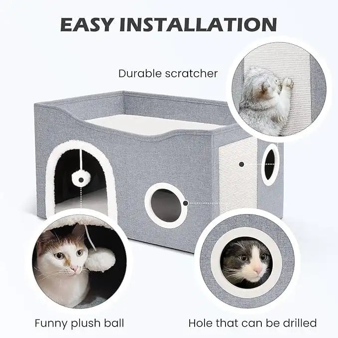 Cat House for Indoor Cat Bed Cave with Fluffy Ball Scratch Pad Foldable Cat Hideaway Covered for Multi Small Pet Large Kitty