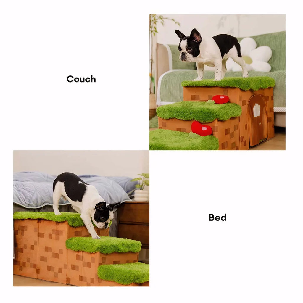 Luxury Retro Pixel 3-Step 2-Step Foldable Dog Steps Handcrafted Non-slip PawGame Blocky Design with Storage for Small Dogs Cats
