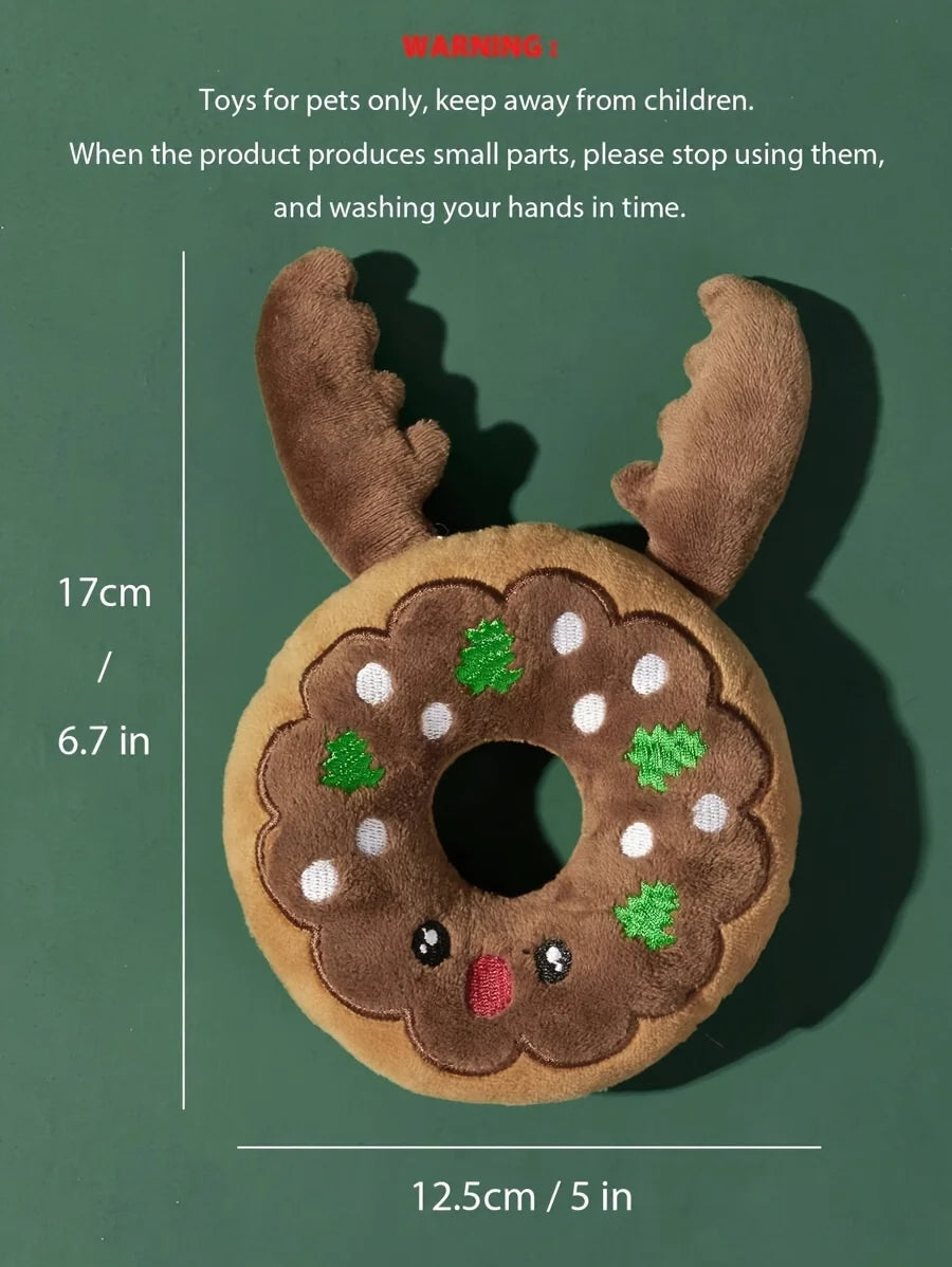 Christmas Medium Size Eco-Friendly Dog Chewing Toys Plush Sound Making Cartoon Donuts Antlers & Cotton Pet Toys
