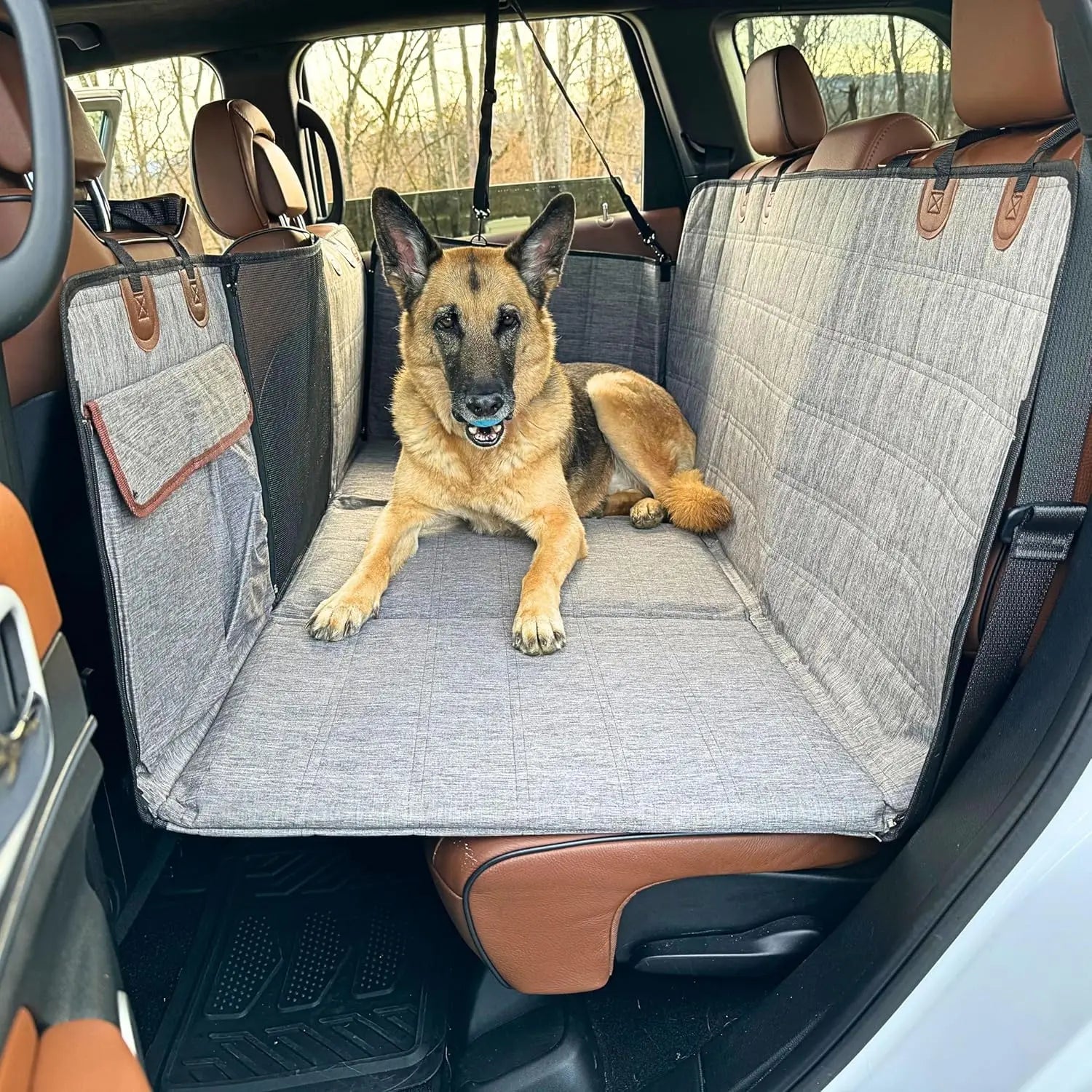 Backseat Extender for Dogs Waterproof Hard Bottom Dog Car Seat Cover with Door Covers Seat Extender with Mesh Window and Storage