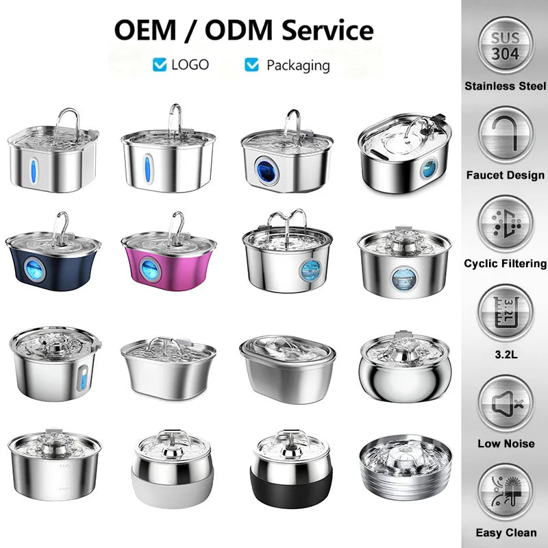 3.2L Stainless Steel Cat Fountain with Water Level Window USB Charging Pet Water Fountain Cat Dog Water Dispenser for Cat