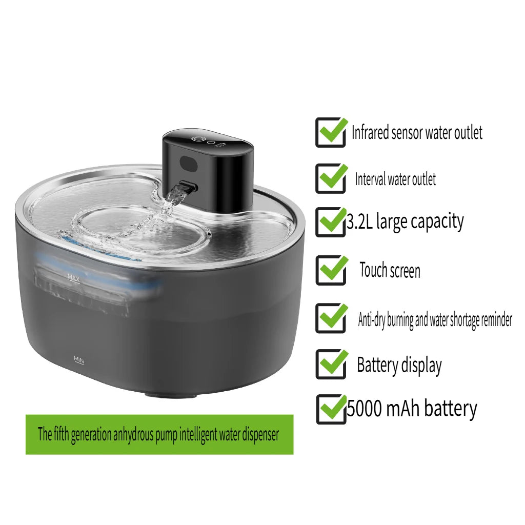 5000mAh Pumpless Wireless Cat Water Fountain 3.2L Induction Smart Pet Water Dispenser Screen Touch Sense Automatic Pet Supplies