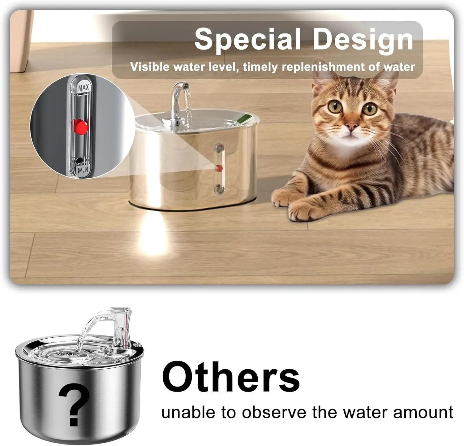 2.5L/85oz Cat Water Fountain Stainless Steel Automatic Cat Water Dispenser with Water Level Window Cat Fountain