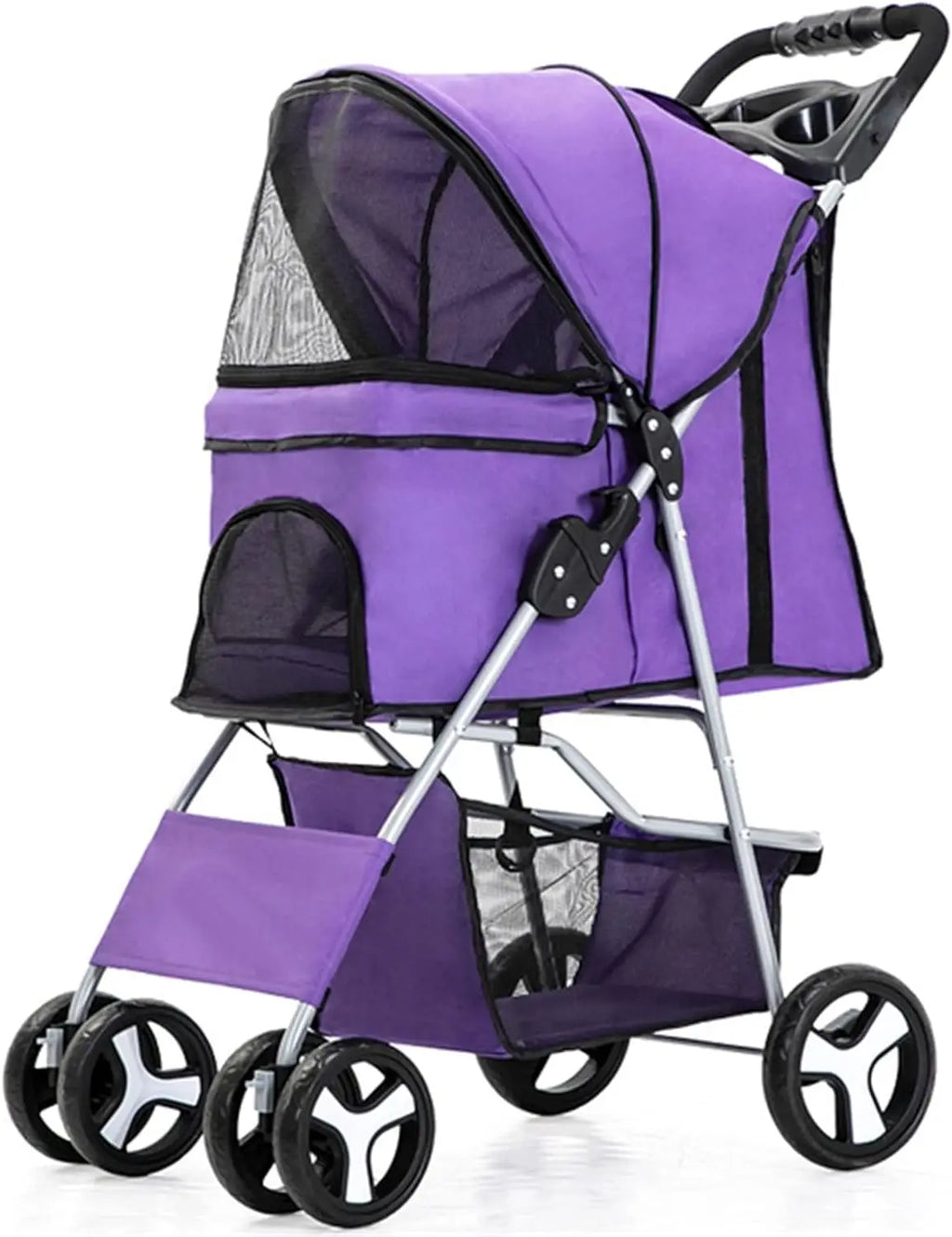 4 Wheels Pet Travel Trolley Cat Dog Jogger Stroller with Cup Holder and Storage Basket Pet Pushchair for Small Medium Cats Dogs