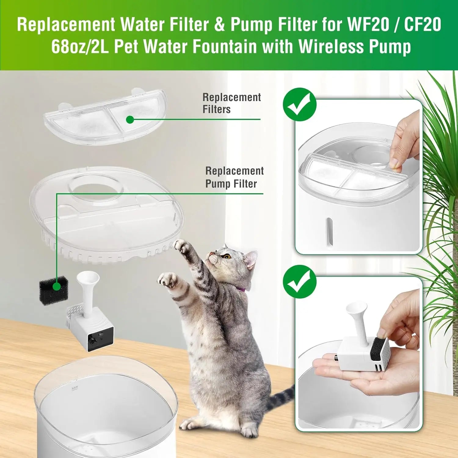 3 Pack Replacement Filters for WF20/CF20 Wireless Pumps Cat Water Fountain Triple Action Pet Fountain Cat Water Fountain Filters