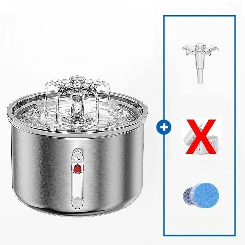 Factory Hot 67oz/2L Automatic Cat Water Fountain Stainless Steel Pet Water Dispenser with Flower Effluent Water Level Window