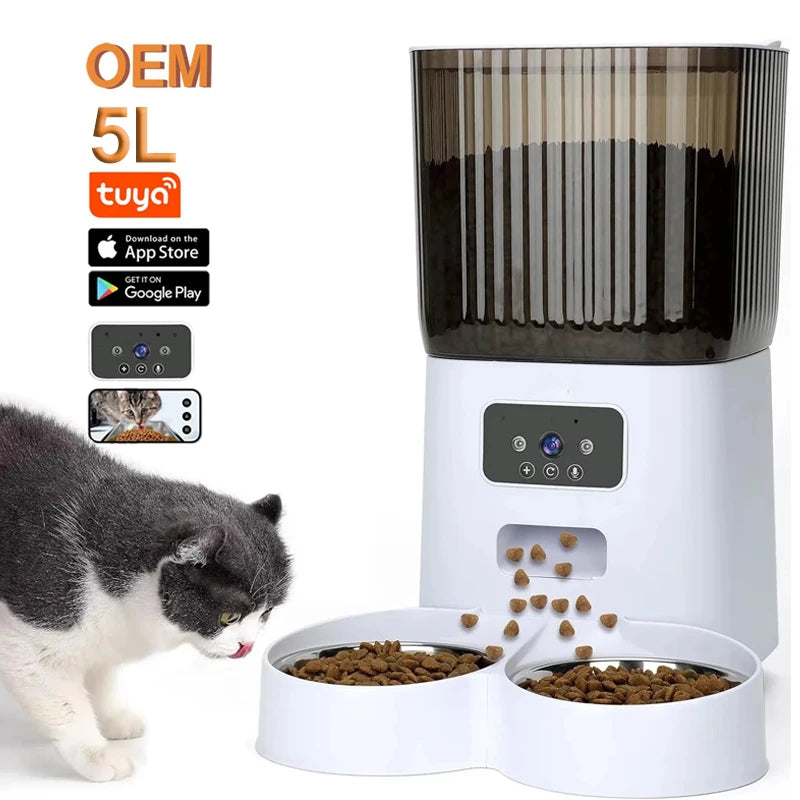 Smart Camera Automatic Cat Feeder for 2 Cats 5L Food Dispenser with 2 Stainless Steel Bowl App Control Smart Pet Feeder
