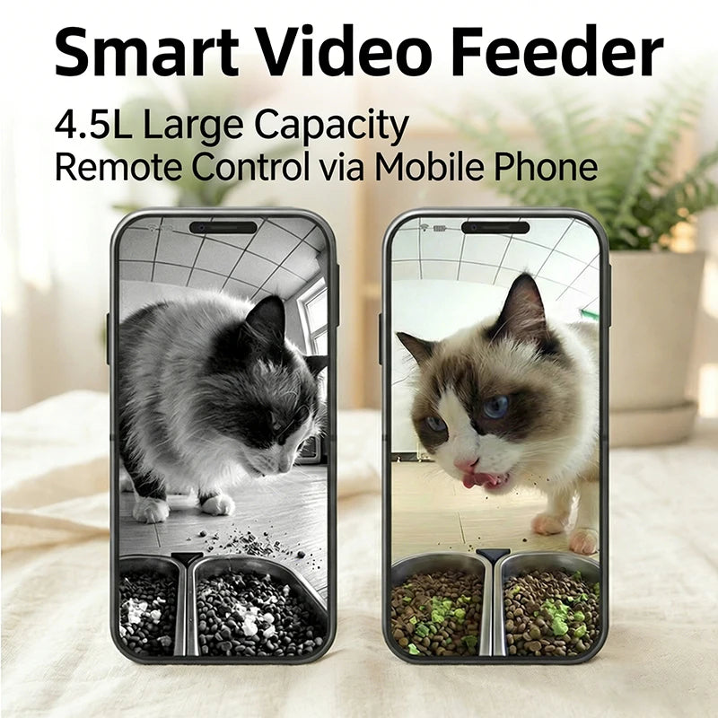 OEM 4.5L Large Capacity Automatic Pet Feeder with Camera Durable Bowls Plastic WIFI APP Voice Rechargeable Smart Pet Feeder