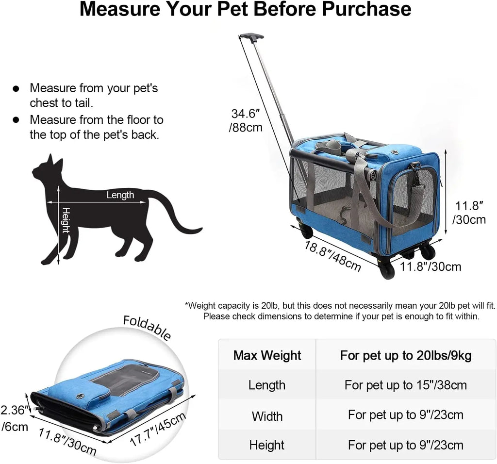 Portable Foldable Pet Carrier with Detachable Wheels Breathable Travel Rolling Dog Carrier for Small Medium Dogs Cats 33 Pounds