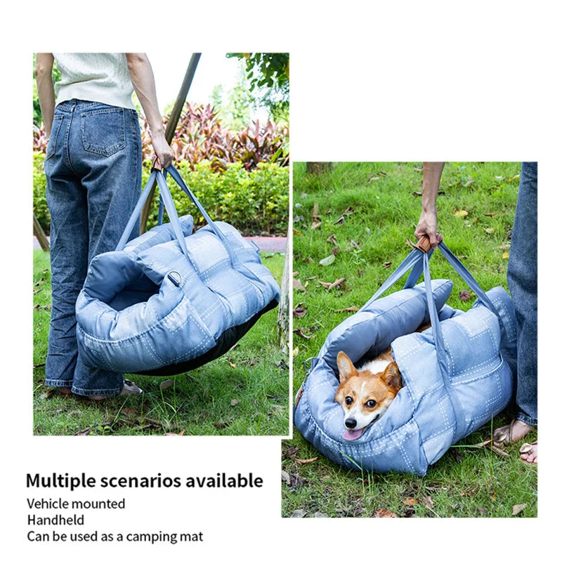 Travel Safety Bolster Vintage Denim Patchwork Dog Car Seat Bed with Safety Buckle Customized LOGO Luxury Dog Beds Pet Car Seat