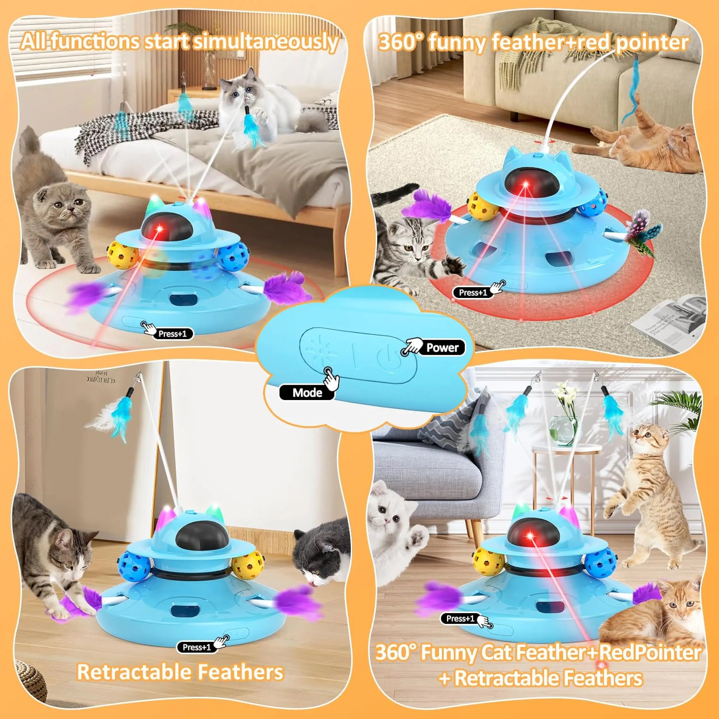 4 in 1 Automatic Interactive Plastic Cat Toy Rechargeable Indoor Kitten Toys with Feather and Track Balls