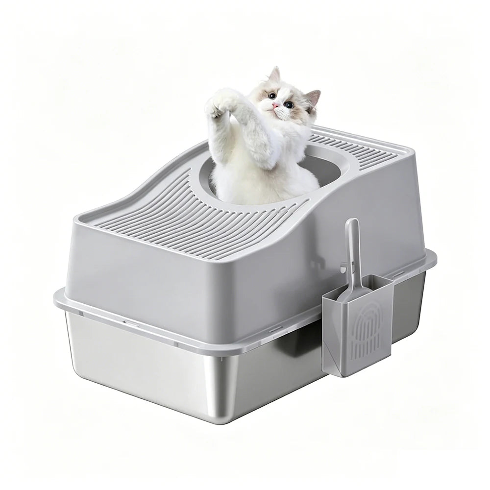 Custom Semi-Enclosed Stainless Steel Cat Litter Box With Ventilated Lid High Walls Anti Splash Top Entry Cat Toilet with Handle