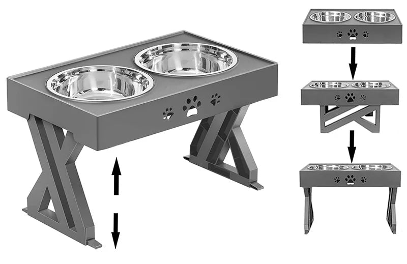 Raised Pet Bowl Stainless Steel Double Bowls Stand Non-Slip No Spill Dog Smart Height Adjusts Cervical Protectionto Large Dogs