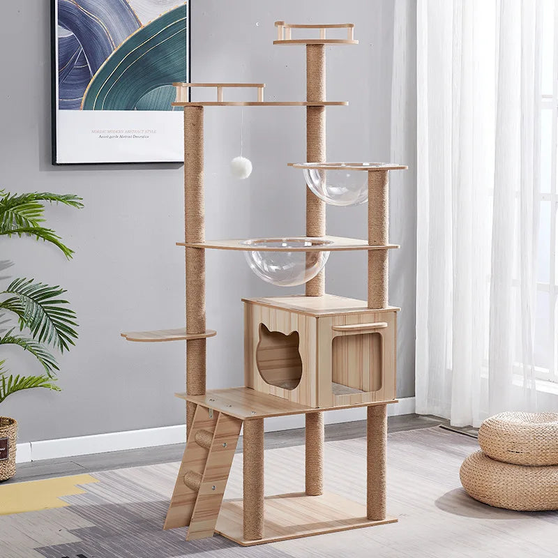 Eco-Friendly Cat Scratcher Tower with Sisal Posts and Wood Frame Cat Toys Tree Hammock Climbing Frame Carton Packed